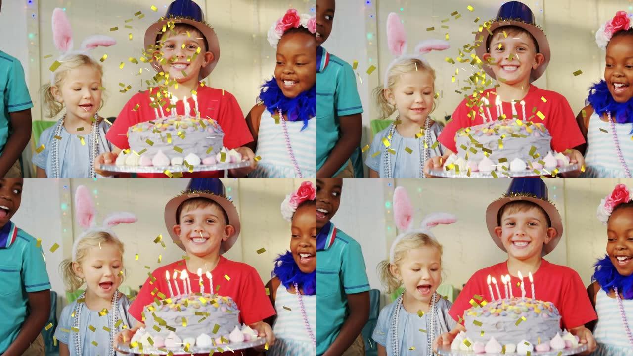 在儿童聚会上拿着生日蛋糕的五彩纸屑掉落在男孩身上的动画
