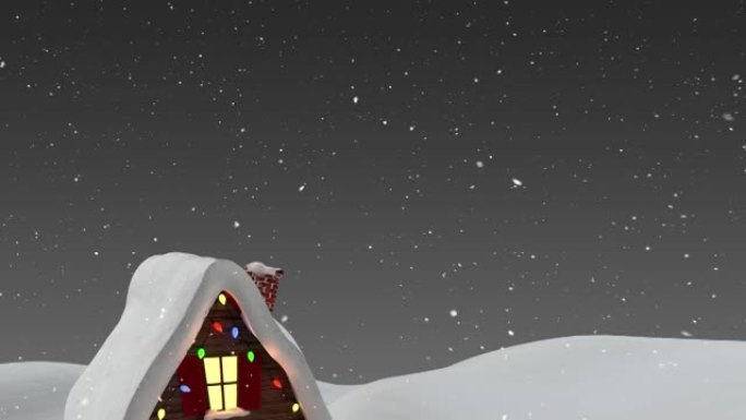 冬天风景中雪落在房子上装饰着圣诞仙女灯的动画