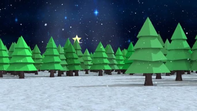 雪落在冬季景观上的多个树木图标上，夜空中蓝色闪耀的星星