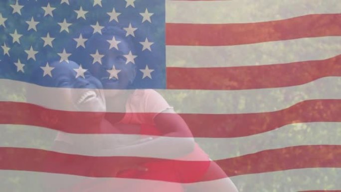 美国国旗向微笑的非洲裔美国妇女和女儿挥手的动画