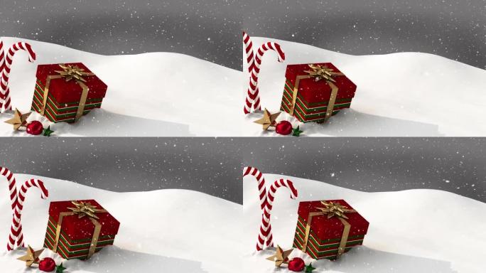 圣诞节糖果和礼物上的雪花飘落