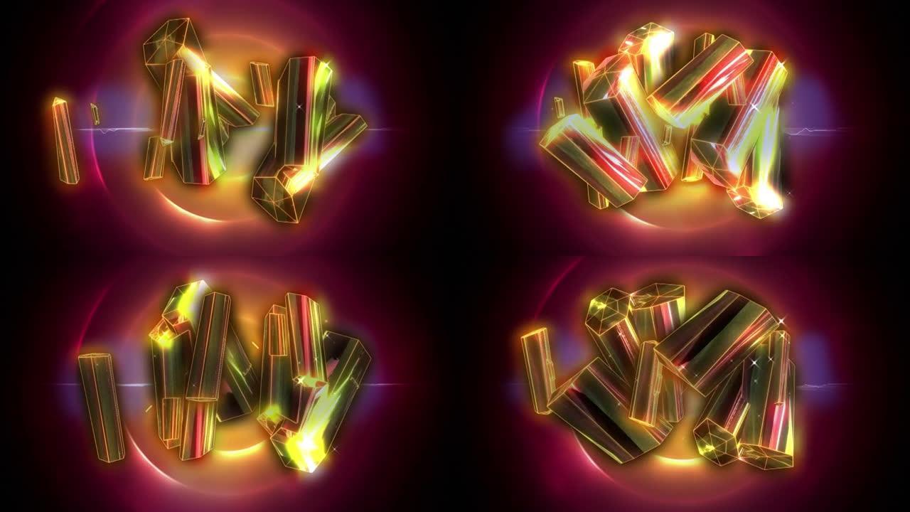 黑色背景上的粉红色螺旋光迹的金色水晶数字动画