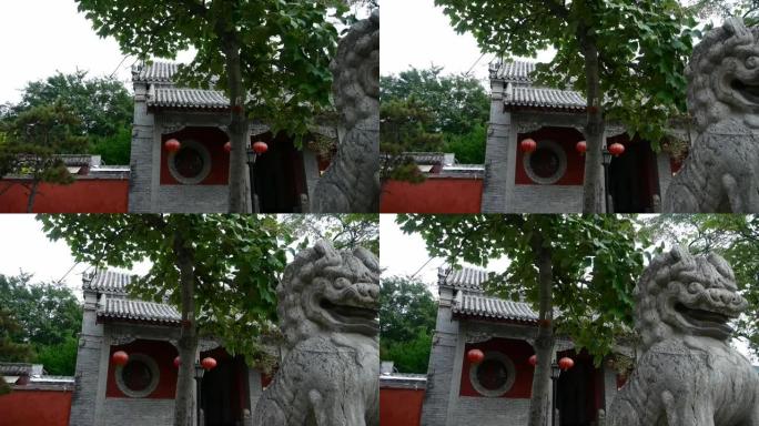 寺庙门口的石狮、历史纪念物、晃动的树影。