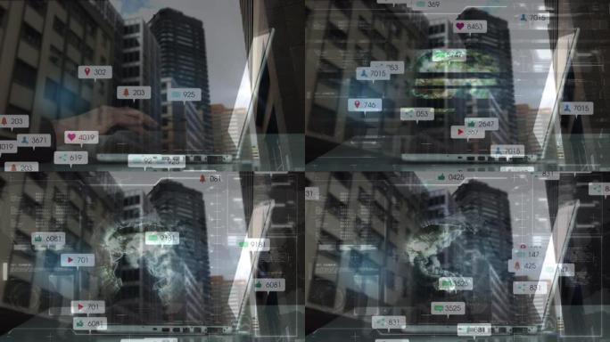 笔记本电脑和城市景观上的社交媒体图标和数字连接网络动画