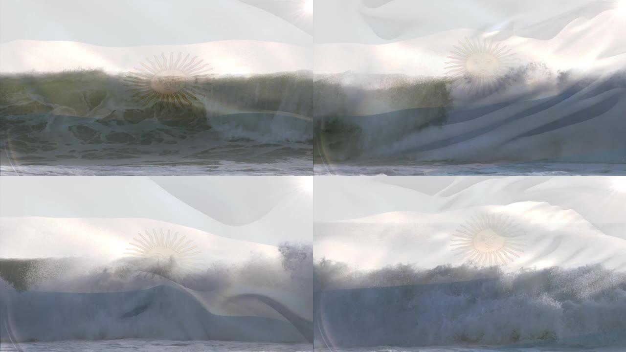 阿根廷国旗的数字构图在海中挥舞着鸟瞰图