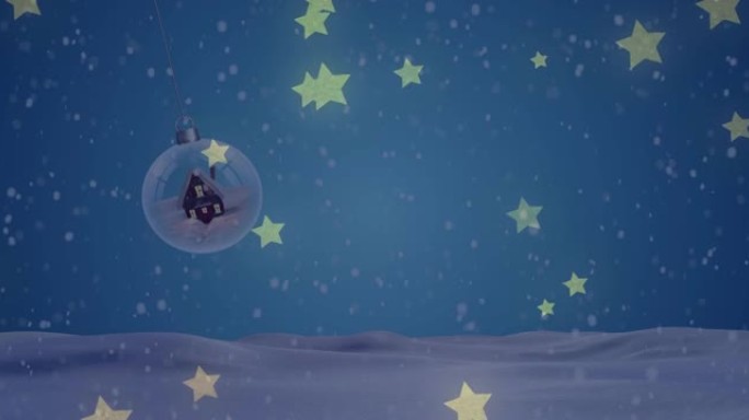 在冬季风景中，星星掉落在圣诞节小玩意上的动画