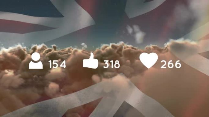 带有英国国旗的云上数字的社交媒体图标动画