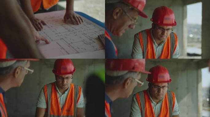 由三名专业工程师组成的小组，用防护服打开建筑项目的蓝图并进行讨论。工头带来了施工计划的地图和谈话。慢