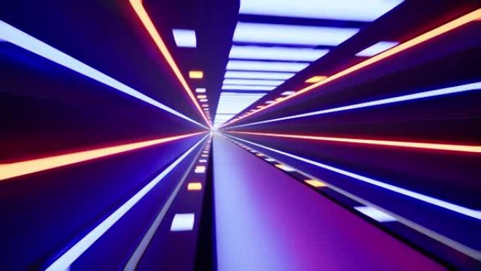 在带有霓虹灯色激光线的未来派金属走廊内飞行，3d渲染