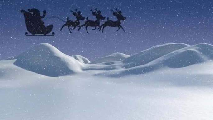雪落在雪橇上的圣诞老人上，在冬季景观中被驯鹿拉动