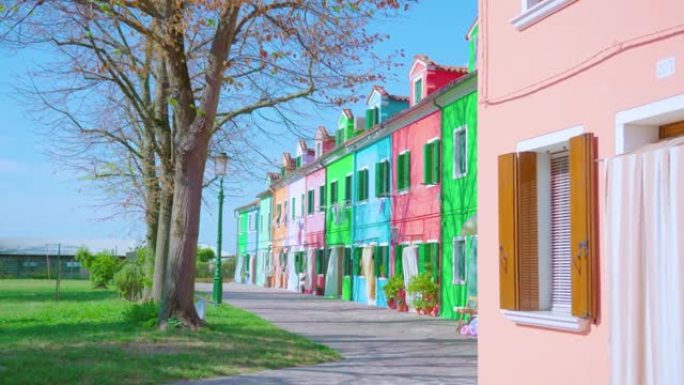 在布拉诺，色彩鲜艳的房屋矗立在光秃秃的树木旁