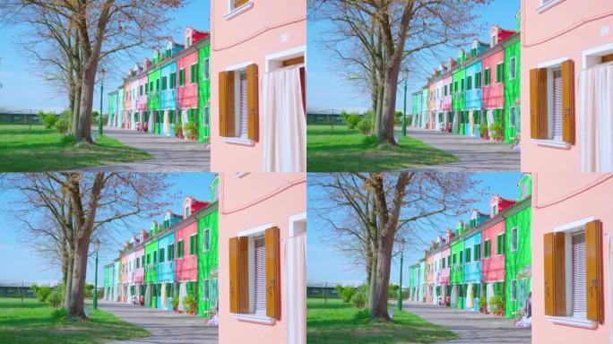 在布拉诺，色彩鲜艳的房屋矗立在光秃秃的树木旁