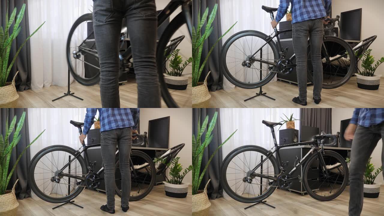 专业自行车机械师将公路自行车带到自行车车间。自行车概念。自行车修理。修理厂