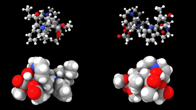 天然抗癌药物长春碱的动画3D球棒和太空模型