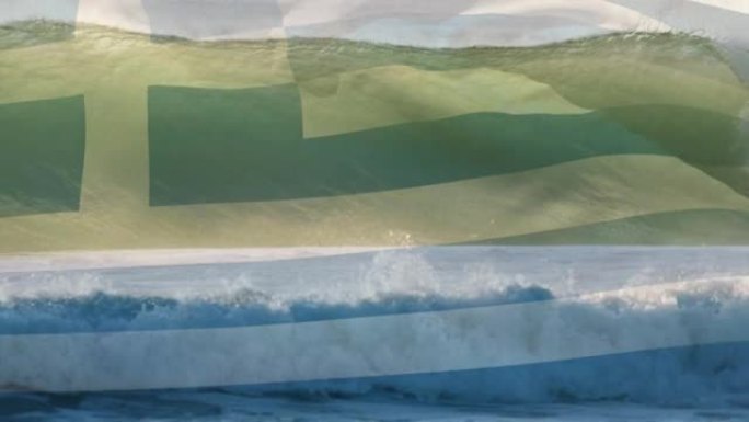希腊国旗在海浪中飘扬的动画