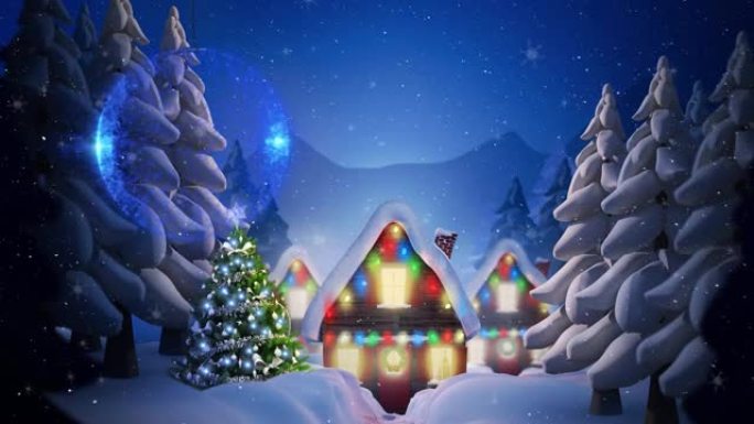 圣诞节房屋和冬季景观飘落的雪花动画