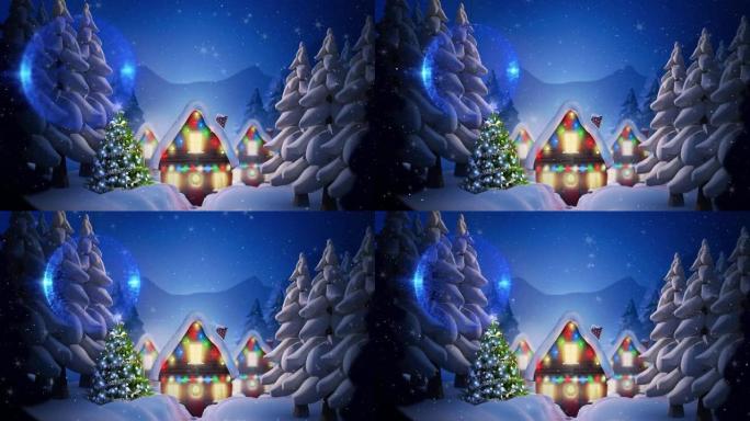 圣诞节房屋和冬季景观飘落的雪花动画