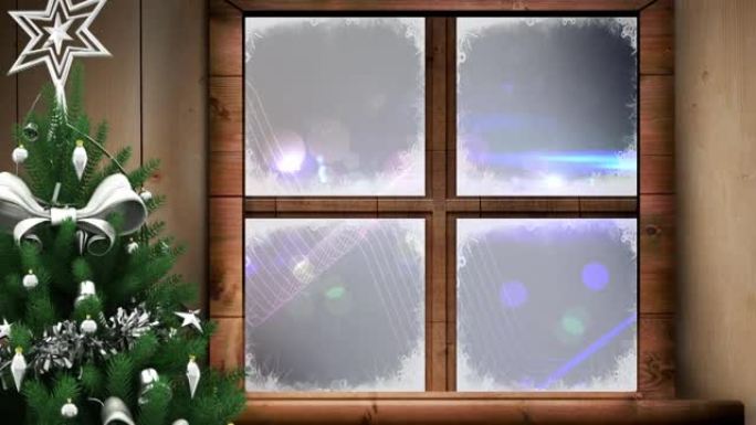 圣诞树和木制窗框，抵御蓝色背景上的数字波和光斑