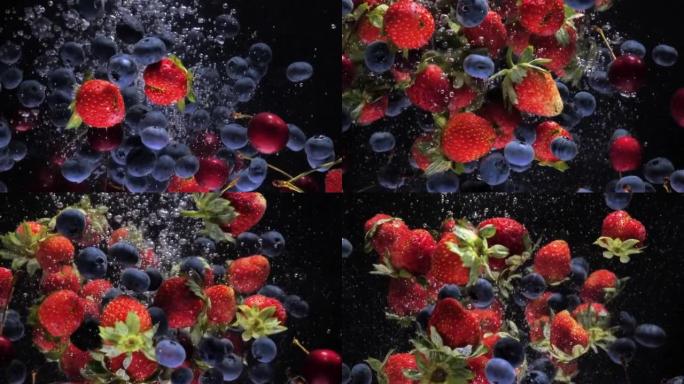 浆果慢慢落入水中。草莓蓝莓超慢mo