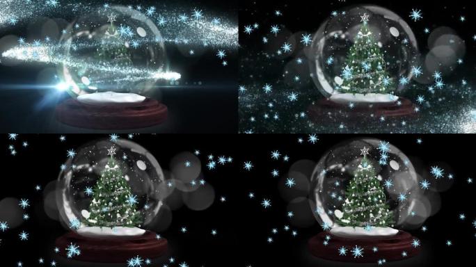 雪花在黑色背景下的雪球中漂浮并在圣诞树周围流星