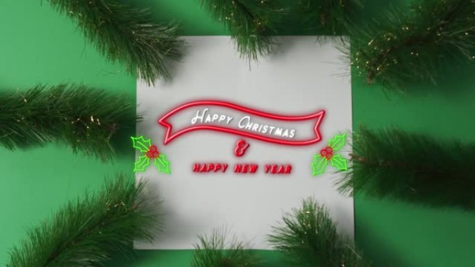 绿色背景上的杉木树枝上的圣诞快乐和新年快乐的动画
