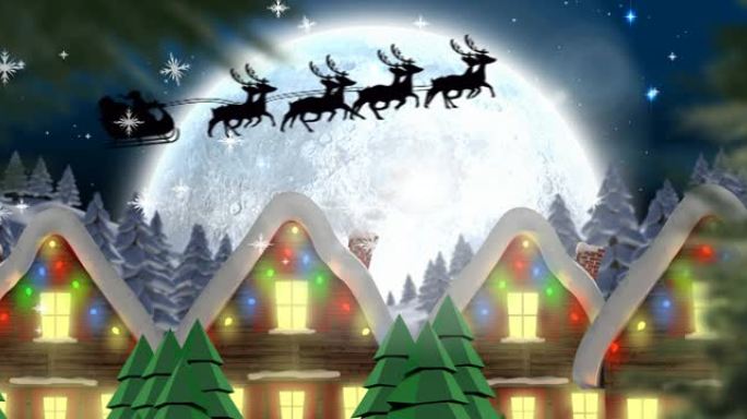 圣诞老人穿着雪橇的圣诞冬季风景动画