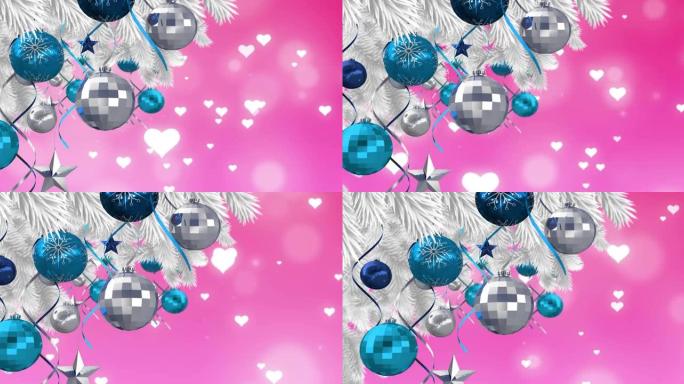 桃红色背景上悬挂在圣诞树上的小玩意动画