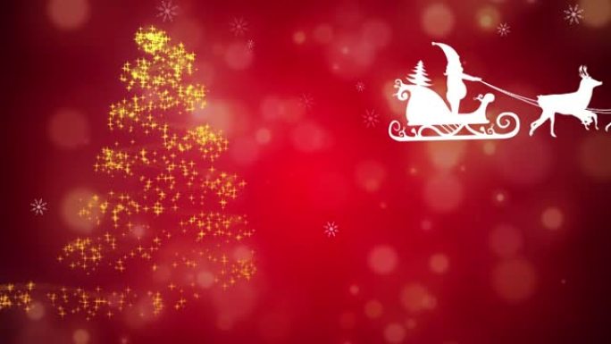 红色背景上的驯鹿雪橇上的圣诞树和圣诞老人动画