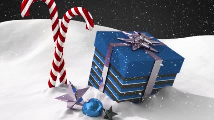 圣诞节糖果和礼物上的雪的动画