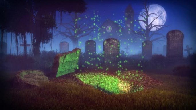 古老的幽灵公墓的空坟墓，带有神奇的灯光