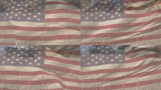 美国国旗飘扬在麦田和联合收割机上的动画