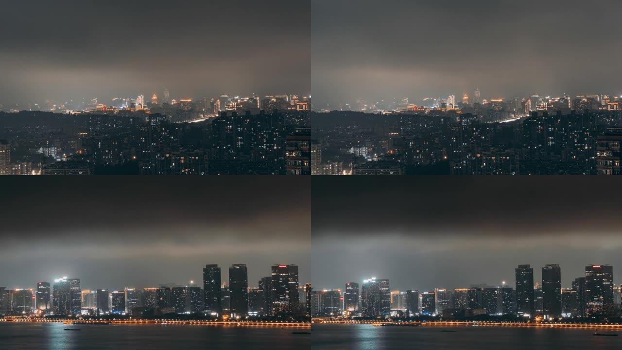 杭州黑夜乌云的4k视频带夜景和天空