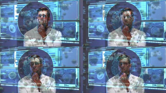 男性医生的病毒细胞和数字接口的动画