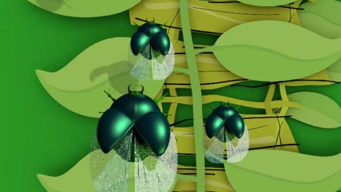 3d动画，叶子背景上的昆虫飞行