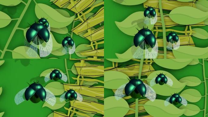 3d动画，叶子背景上的昆虫飞行