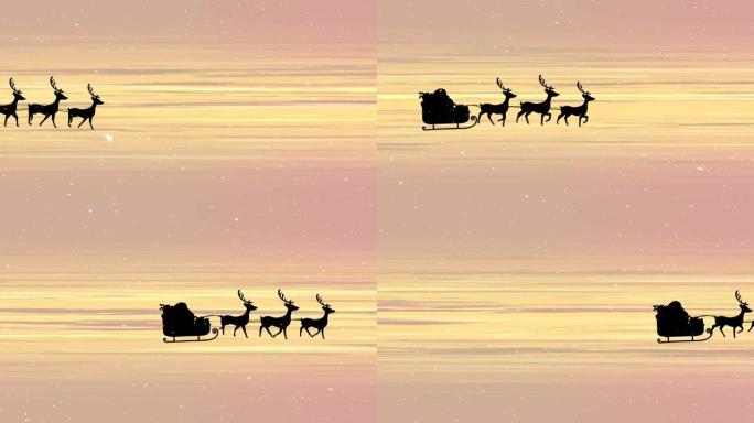 雪落在雪橇上的圣诞老人上，被驯鹿拉到黄光小径上