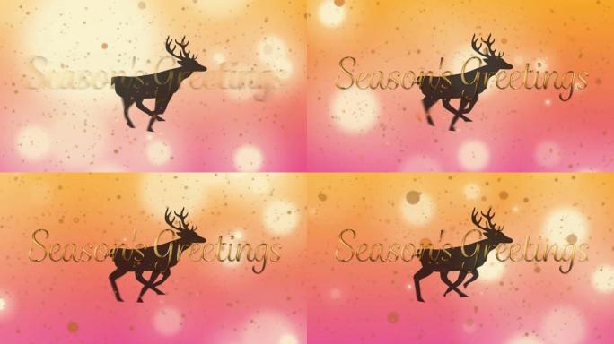 季节问候的动画在粉红色和橙色背景上奔跑的驯鹿上