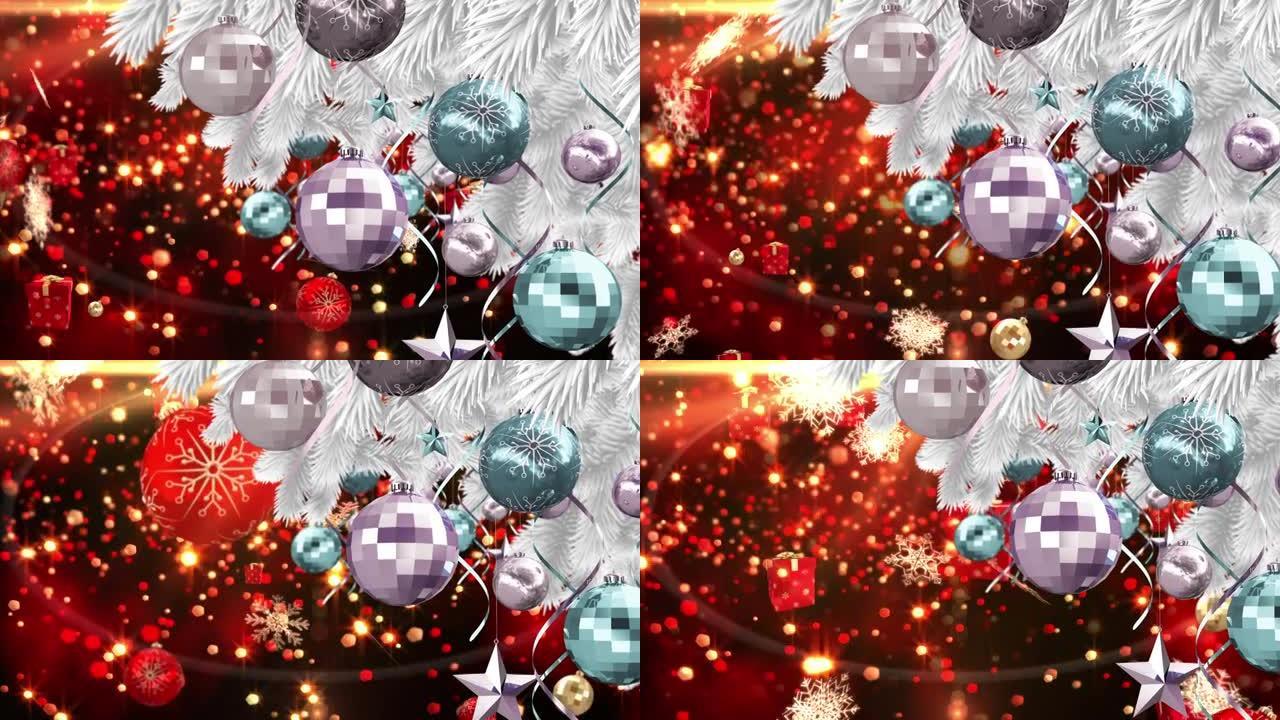 带有礼物，雪和星星落在红色背景上的圣诞节动画