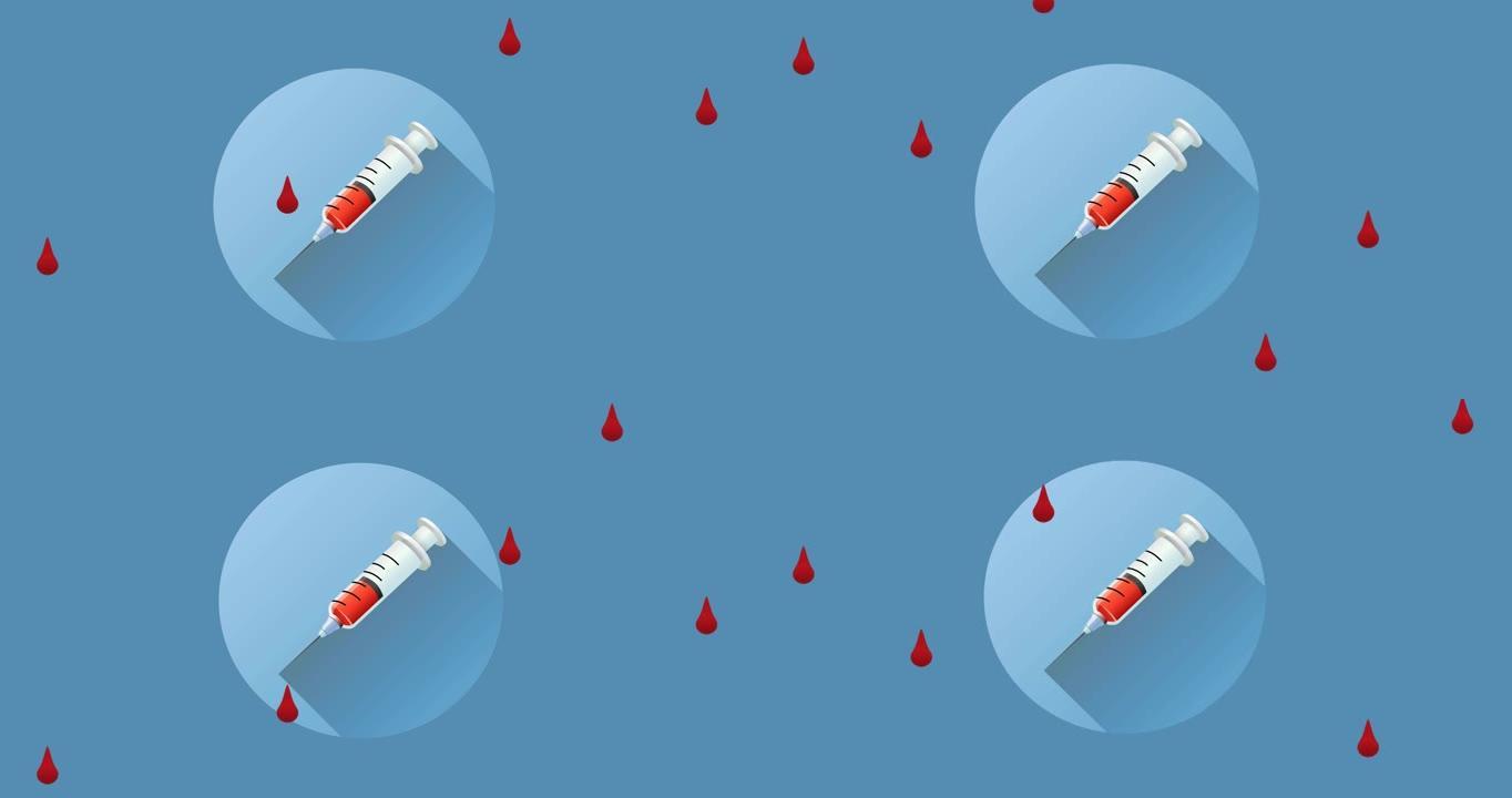 蓝色背景上的红色血滴掉落在注射器上的动画