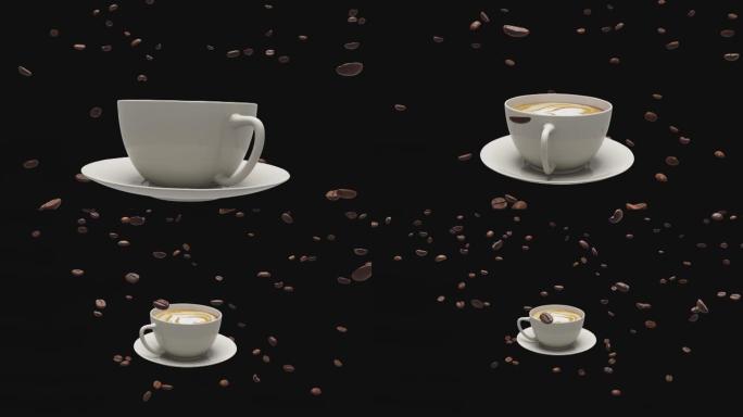 在透明背景上，在空气中冷冻的一杯咖啡和咖啡豆周围飞行的动画。