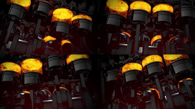 用火花、爆炸和火焰关闭V8引擎动画。循环。