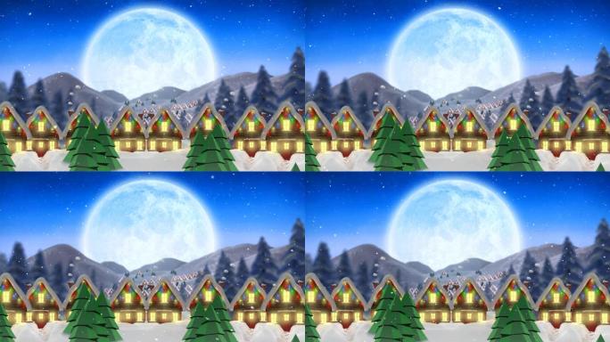 积雪覆盖的房屋上积雪的动画，装饰着圣诞仙女的灯光和月亮