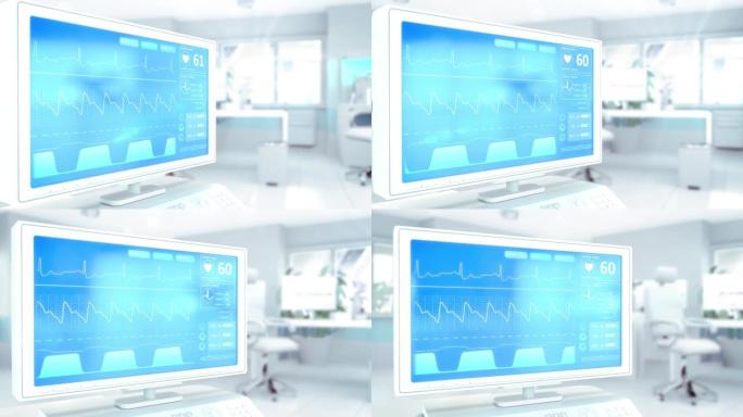 高科技医院病房监视器上的机械通风设备动画，虚构