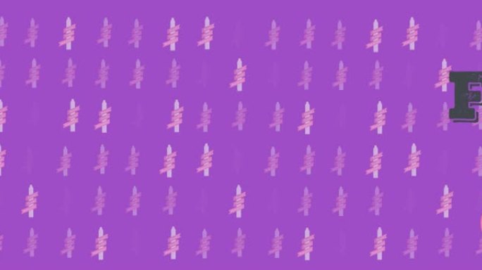 动画乳腺癌意识文字与粉红丝带紫色背景