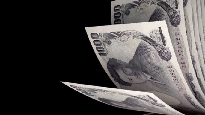 可循环: 计数钞票动画。翻转1000日元钞票。资金的无限流动。阿尔法通道 (亮度键) 无缝。3d渲染