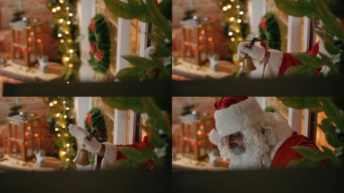圣诞老人偷偷穿过阳台门，进入屋子，在深夜离开包裹。圣诞老人进屋