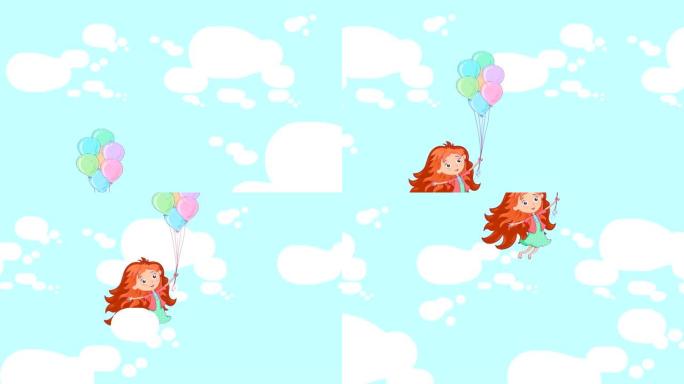 一个红头发的女孩用气球飞
