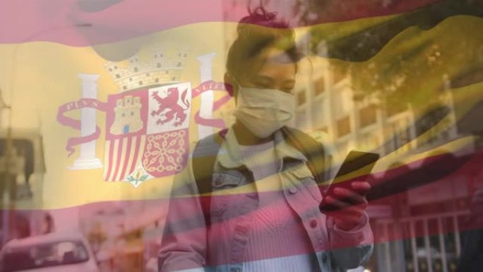 西班牙国旗在口罩上挥舞着女人的动画