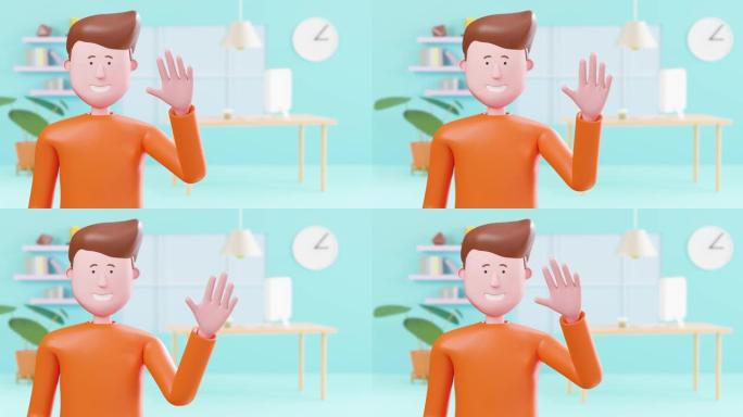 3d动画高加索人在家里有个人视频通话。问好或再见再见手势。