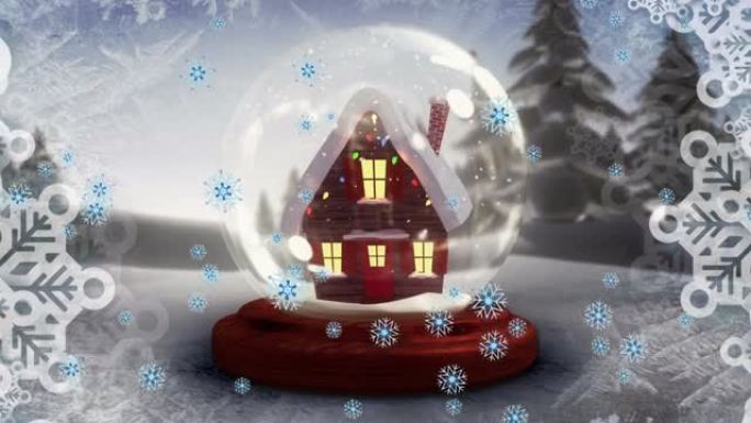 冬天风景下的雪落在玻璃球上的动画